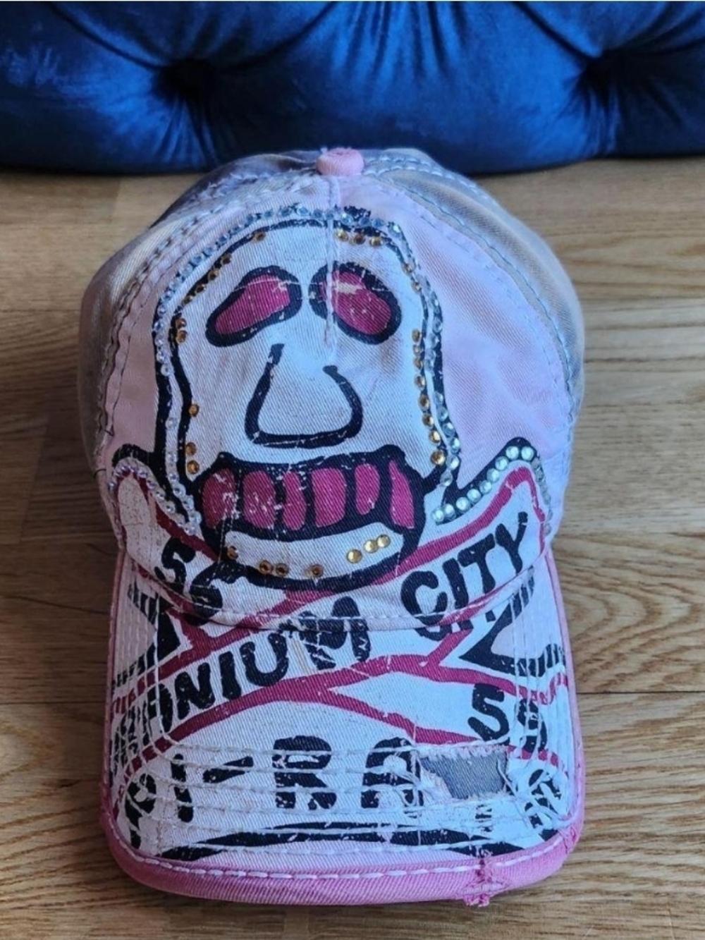 Vintage True Religion Pink Skull Bomb Embroidered Distressed Baseball Cap